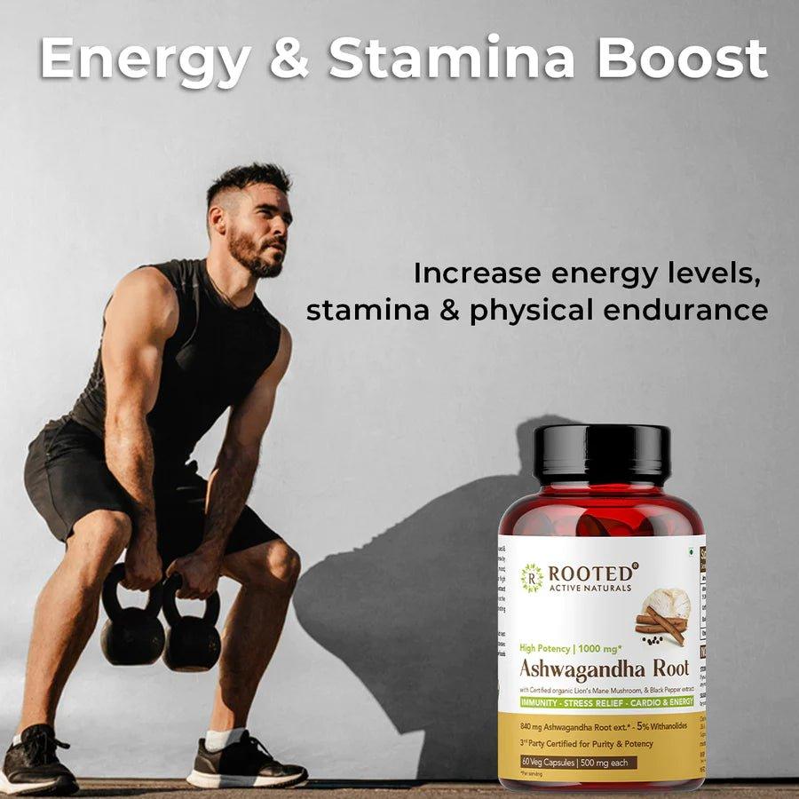 Rooted Actives Ashwagandha extract (5% Withanolides 60 Caps, 500 mg) with Lions Mane & Black pepper extract | Stress Relief,Cardio & Energy,Immunity,Brain Health.