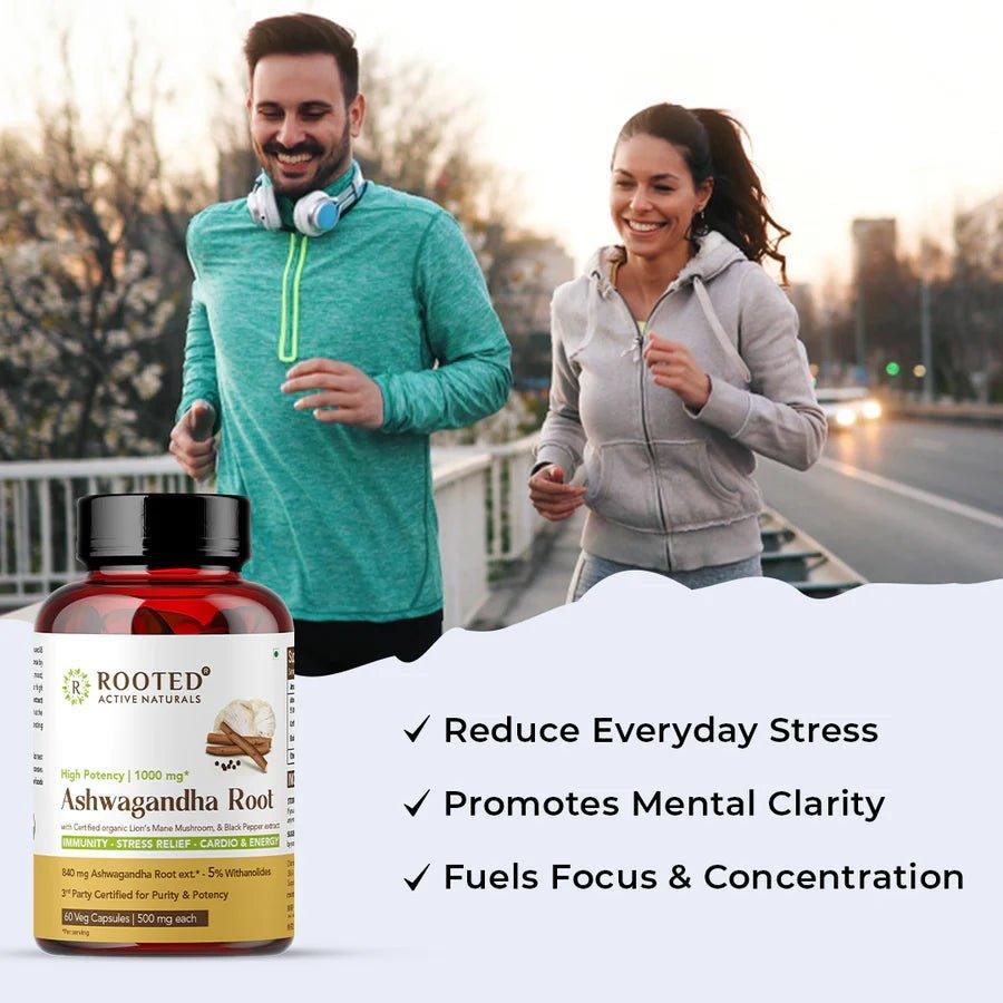 Rooted Actives Ashwagandha extract (5% Withanolides 60 Caps, 500 mg) with Lions Mane & Black pepper extract | Stress Relief,Cardio & Energy,Immunity,Brain HealthAshwagandha CapsuleRooted Actives Ashwagandha Extract - Stress Relief Supplement