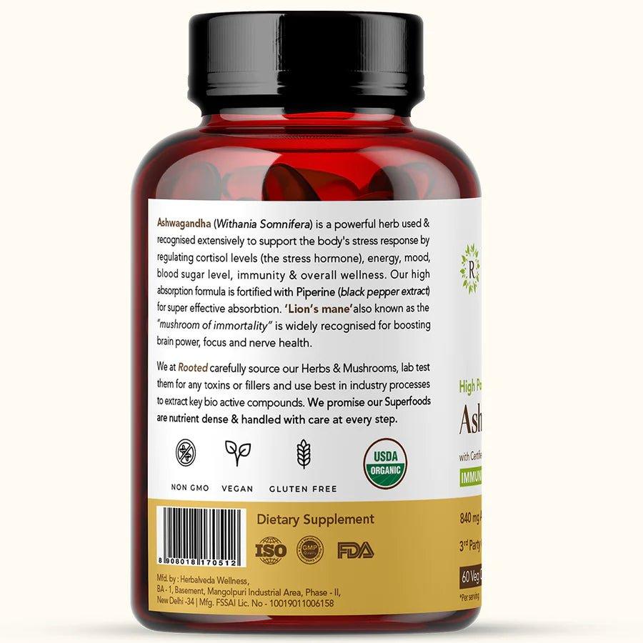 Rooted Actives Ashwagandha extract (5% Withanolides 60 Caps, 500 mg) with Lions Mane & Black pepper extract | Stress Relief,Cardio & Energy,Immunity,Brain Health.