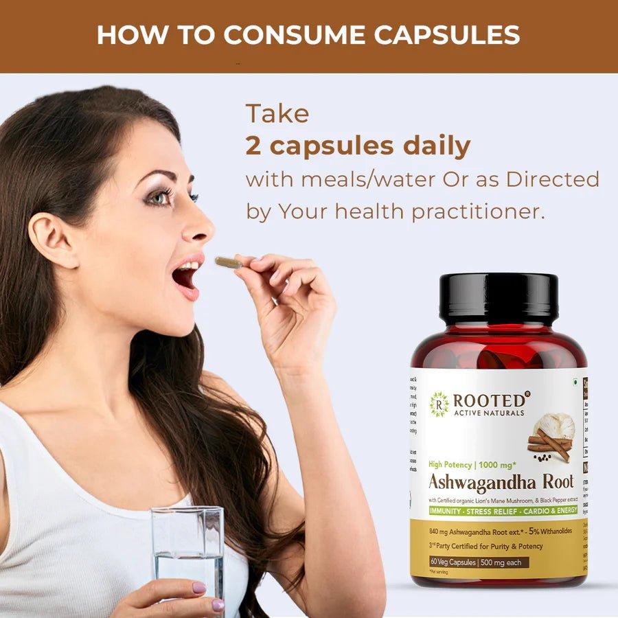 Rooted Actives Ashwagandha extract (5% Withanolides 60 Caps, 500 mg) with Lions Mane & Black pepper extract | Stress Relief,Cardio & Energy,Immunity,Brain Health.