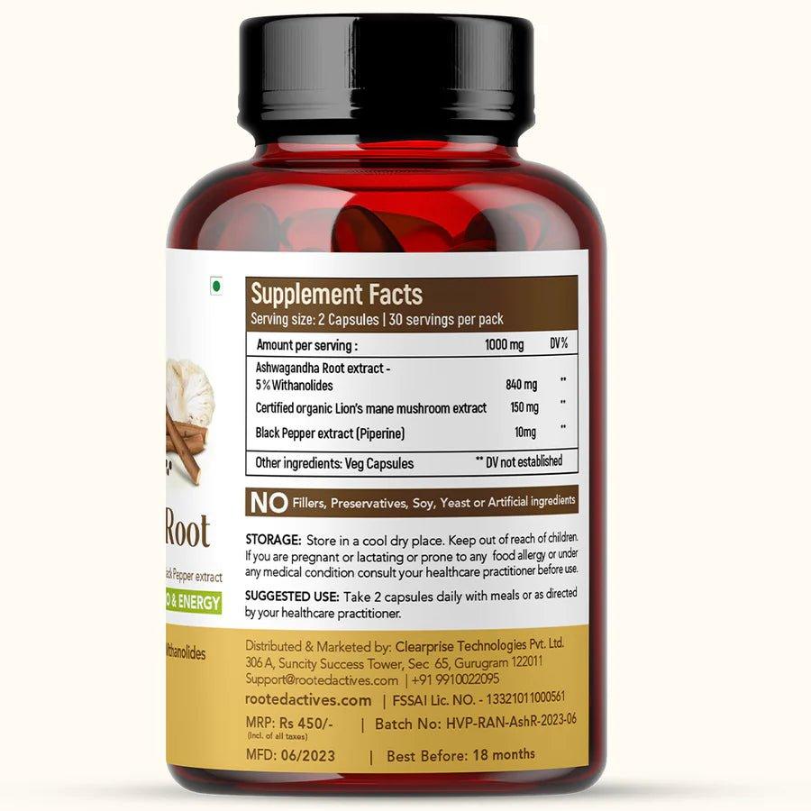 Rooted Actives Ashwagandha extract (5% Withanolides 60 Caps, 500 mg) with Lions Mane & Black pepper extract | Stress Relief,Cardio & Energy,Immunity,Brain Health.