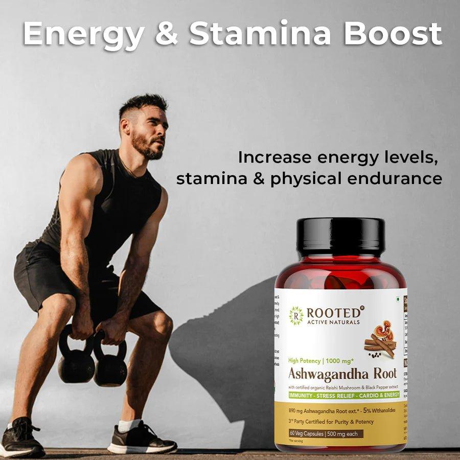 Rooted Actives Ashwagandha extract (5% Withanolides, 60 Caps, 500 mg ) with Reishi & Black pepper extract |Stress Relief,Cardio & Energy,Immunity,Liver support.