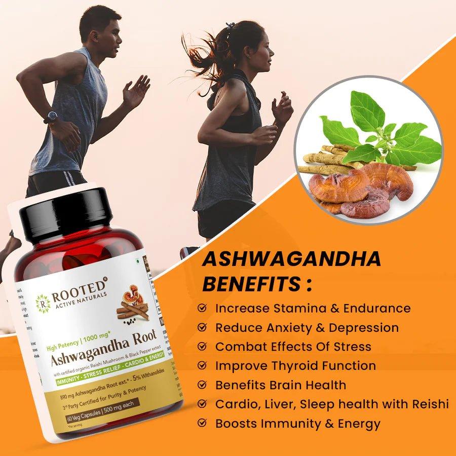 Rooted Actives Ashwagandha extract (5% Withanolides, 60 Caps, 500 mg ) with Reishi & Black pepper extract |Stress Relief,Cardio & Energy,Immunity,Liver support.