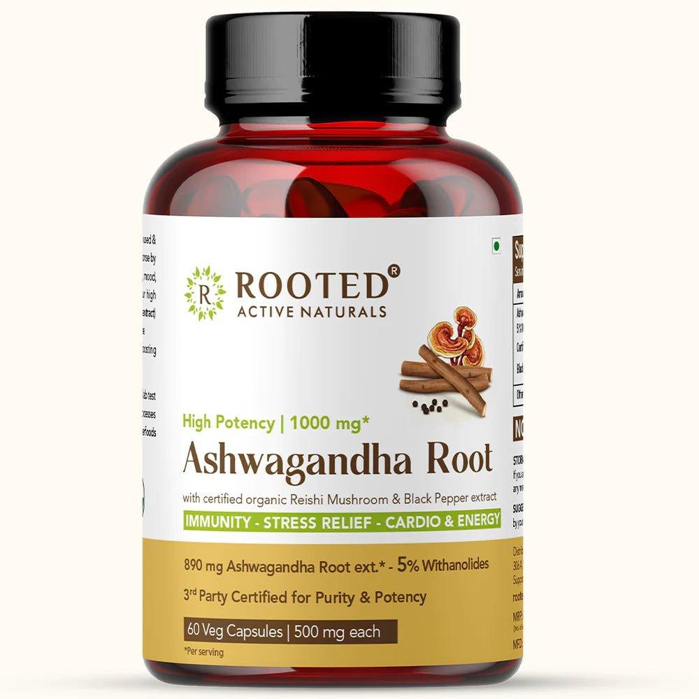 Rooted Actives Ashwagandha extract (5% Withanolides, 60 Caps, 500 mg ) with Reishi & Black pepper extract |Stress Relief,Cardio & Energy,Immunity,Liver support.