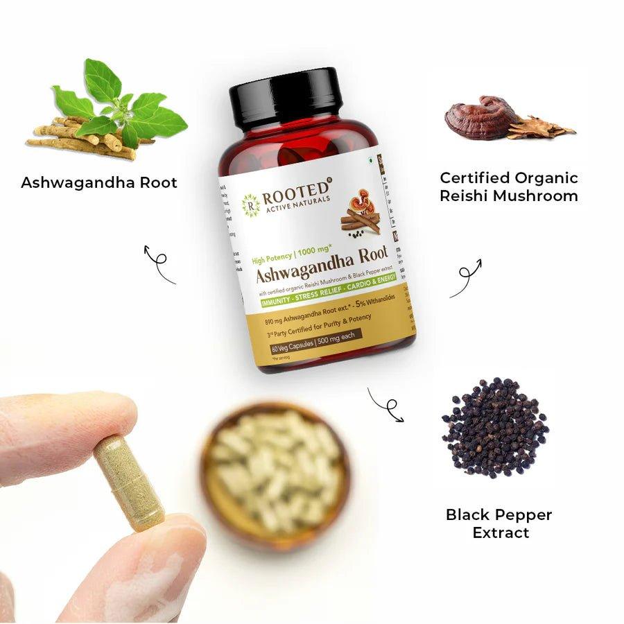 Rooted Actives Ashwagandha extract (5% Withanolides, 60 Caps, 500 mg ) with Reishi & Black pepper extract |Stress Relief,Cardio & Energy,Immunity,Liver support.