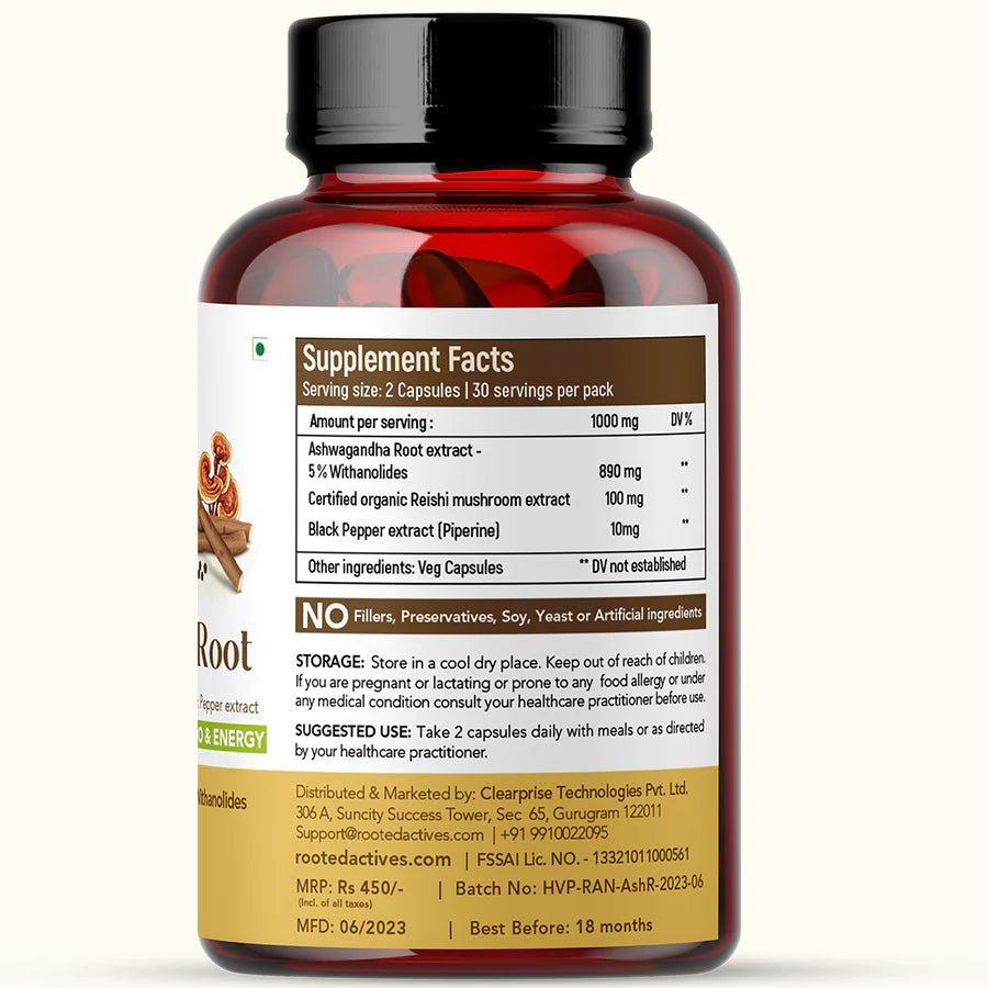Rooted Actives Ashwagandha extract (5% Withanolides, 60 Caps, 500 mg ) with Reishi & Black pepper extract |Stress Relief,Cardio & Energy,Immunity,Liver support.