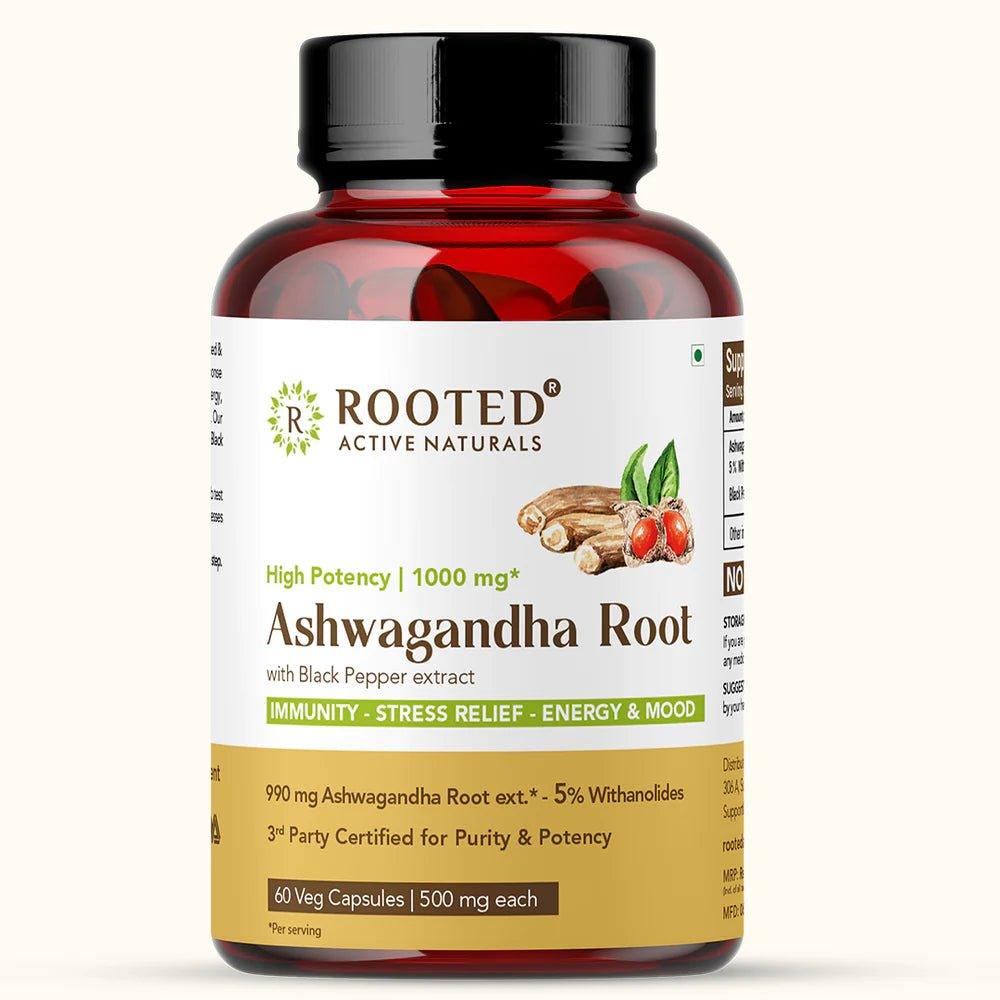 Rooted Actives Ashwagandha root extract (5% withanolides, 60 Caps, 500 mg) ,enhanced with Reishi Mushrooms | Supports Stress, Anxiety Relief, Energy & Immunity.