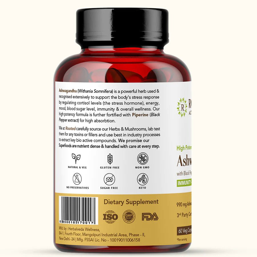Rooted Actives Ashwagandha root extract (5% withanolides, 60 Caps, 500 mg) ,enhanced with Reishi Mushrooms | Supports Stress, Anxiety Relief, Energy & Immunity - CBD Store India