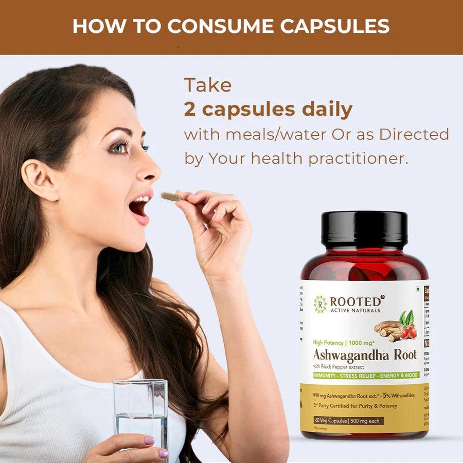 Rooted Actives Ashwagandha root extract (5% withanolides, 60 Caps, 500 mg) ,enhanced with Reishi Mushrooms | Supports Stress, Anxiety Relief, Energy & Immunity.