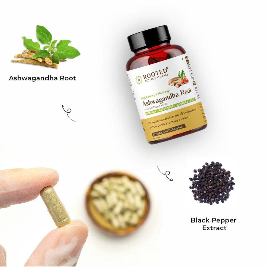Rooted Actives Ashwagandha root extract (5% withanolides, 60 Caps, 500 mg) ,enhanced with Reishi Mushrooms | Supports Stress, Anxiety Relief, Energy & Immunity.