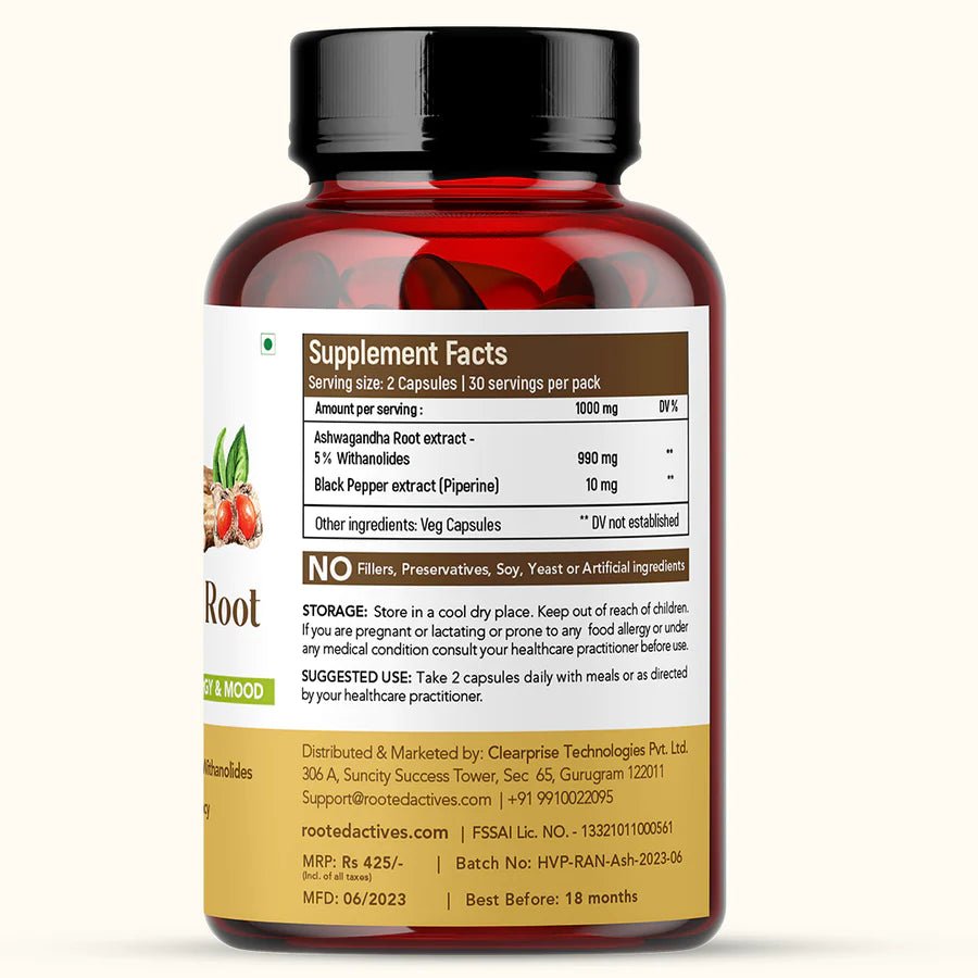 Rooted Actives Ashwagandha root extract (5% withanolides, 60 Caps, 500 mg) ,enhanced with Reishi Mushrooms | Supports Stress, Anxiety Relief, Energy & Immunity - CBD Store India