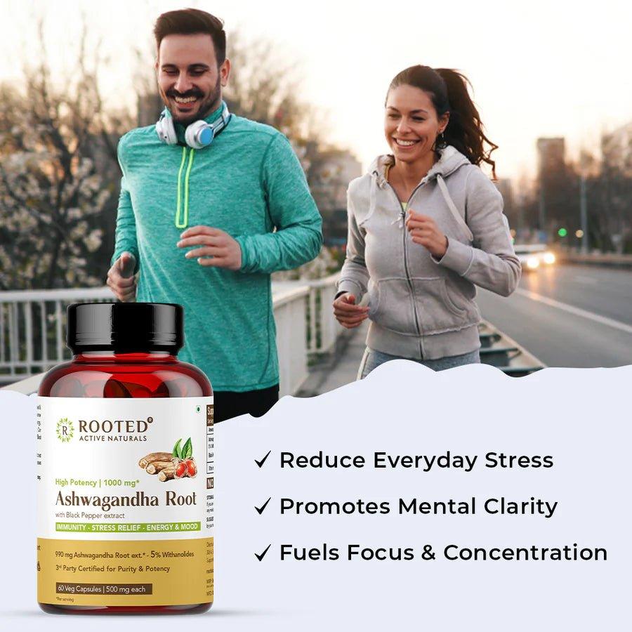 Rooted Actives Ashwagandha root extract (5% withanolides, 60 Caps, 500 mg) ,enhanced with Reishi Mushrooms | Supports Stress, Anxiety Relief, Energy & Immunity.