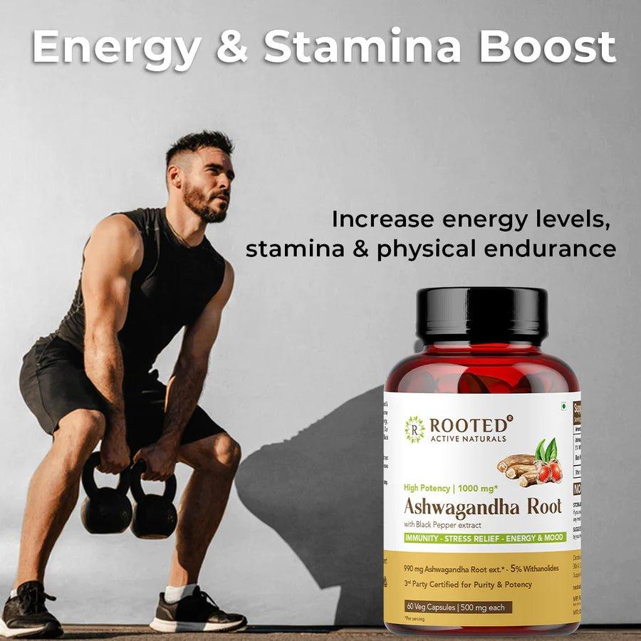 Rooted Actives Ashwagandha root extract (5% withanolides, 60 Caps, 500 mg) ,enhanced with Reishi Mushrooms | Supports Stress, Anxiety Relief, Energy & Immunity.