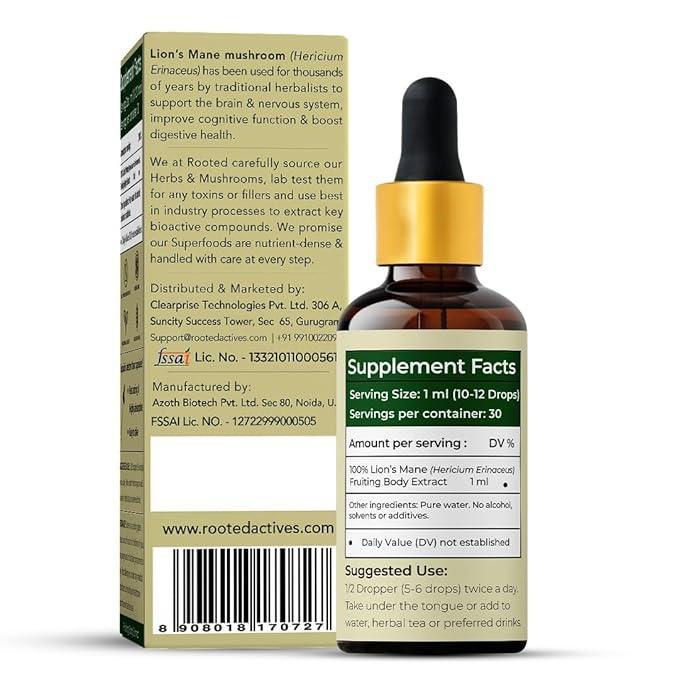 Rooted Actives Lions Mane mushroom liquid Extract (30 ml) | Memory, Focus, Brain Powder & Nerve Health.