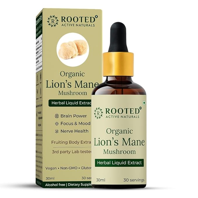 Rooted Actives Lions Mane mushroom liquid Extract (30 ml) | Memory, Focus, Brain Powder & Nerve Health - CBD Store India