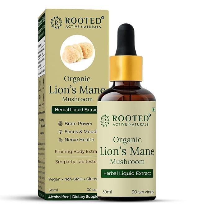 Rooted Actives Lions Mane mushroom liquid Extract (30 ml) | Memory, Focus, Brain Powder & Nerve Health.