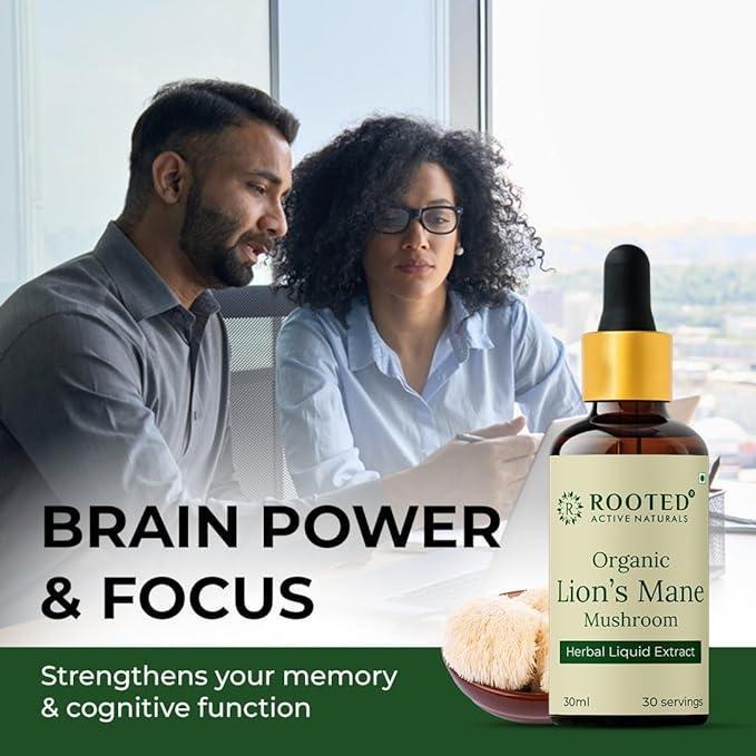 Rooted Actives Lions Mane mushroom liquid Extract (30 ml) | Memory, Focus, Brain Powder & Nerve Health.