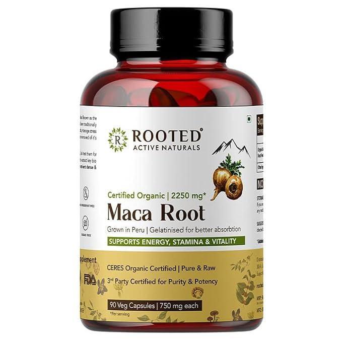Rooted Actives Maca Root (90 Veg Caps, 750 mg) -Stamina, Virility, Hormonal support| Imported from Peru, Certified Organic, Gelatinised.
