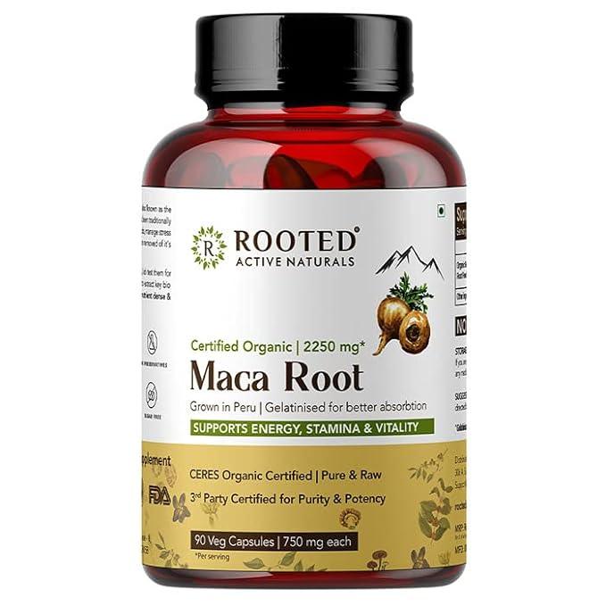 Rooted Actives Maca Root (90 Veg Caps, 750 mg) -Stamina, Virility, Hormonal support| Imported from Peru, Certified Organic, Gelatinisedmushroom capsulesRooted Actives Maca Root - Maca Root Capsules Organic | Stamina, Virility, Hormonal Support