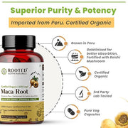 Rooted Actives Maca Root (90 Veg Caps, 750 mg) -Stamina, Virility, Hormonal support| Imported from Peru, Certified Organic, Gelatinised - CBD Store India