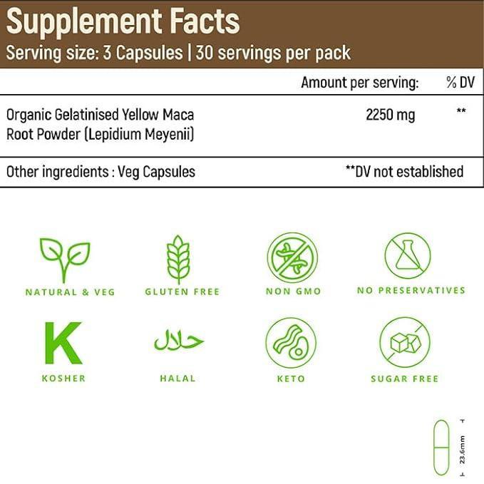 Rooted Actives Maca Root (90 Veg Caps, 750 mg) -Stamina, Virility, Hormonal support| Imported from Peru, Certified Organic, Gelatinised.