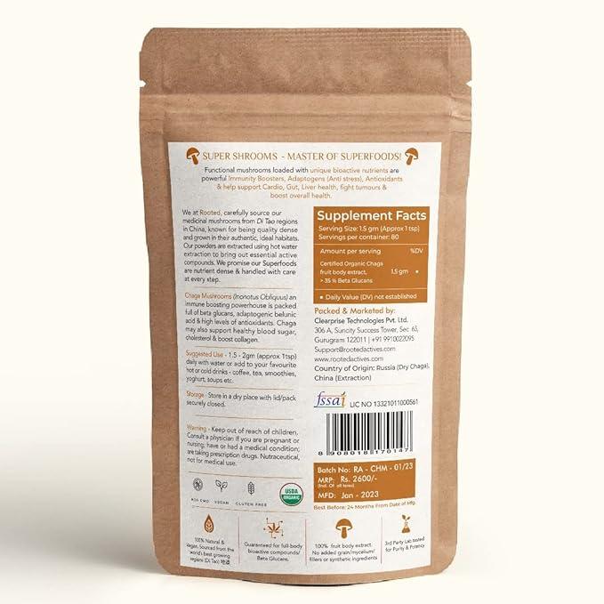 Rooted Actives Siberian Chaga mushroom Extract | Blood Sugar, Heart & Immunity.Mushroom Extract PowderChaga Mushroom Extract Powder | For Blood Sugar, Heart & Immunity