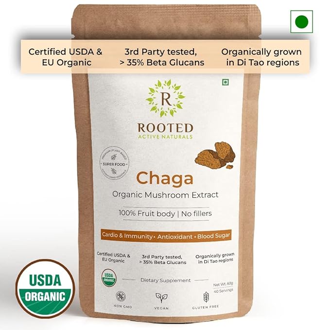 Rooted Actives Siberian Chaga mushroom Extract | Blood Sugar, Heart & Immunity. USDA Organic, 35% Beta Glucans - CBD Store India
