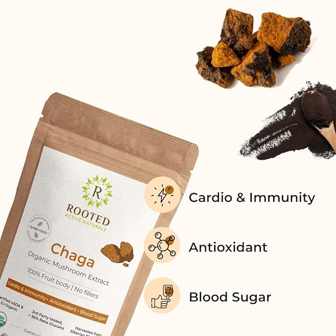 Rooted Actives Siberian Chaga mushroom Extract | Blood Sugar, Heart & Immunity. USDA Organic, 35% Beta Glucans - CBD Store India