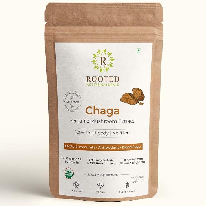 Rooted Actives Siberian Chaga mushroom Extract | Blood Sugar, Heart & Immunity.Mushroom Extract PowderChaga Mushroom Extract Powder | For Blood Sugar, Heart & Immunity