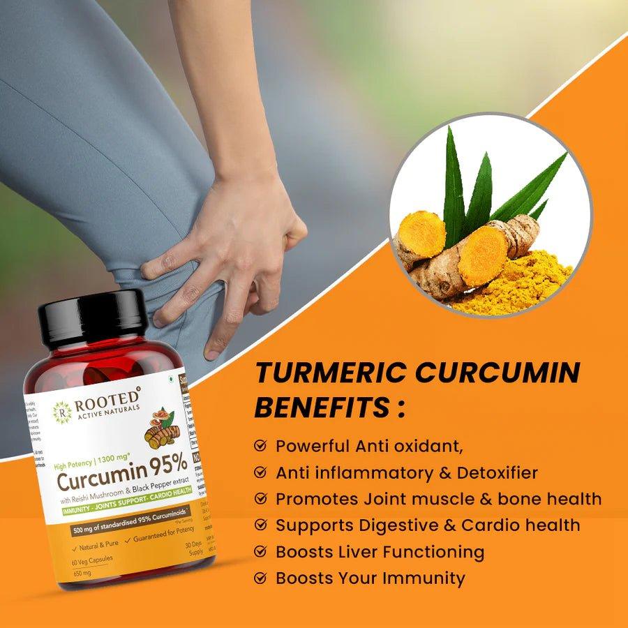 Rooted Actives Turmeric Curcumin (95%) with Reishi Mushroom extract 1300mg, for Immunity, Joints Cardio Health| 60 VEG CapsulesTurmeric Curcumin with Reishi MushroomTurmeric Curcumin with Reishi Mushroom | Easy-To-Consume Veg Capsules