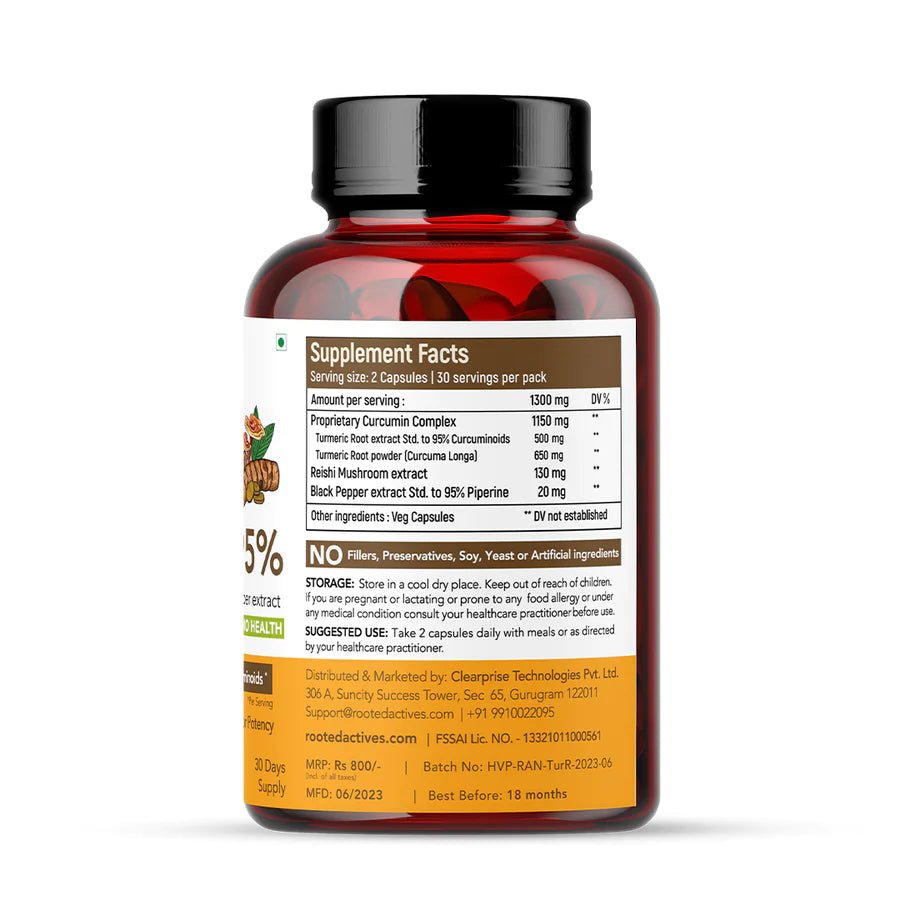 Rooted Actives Turmeric Curcumin (95%) with Reishi Mushroom extract (for better absorbtion)1300mg, for Immunity, Joints Cardio Health| 60 VEG Capsules, 650 Mg each - CBD Store India