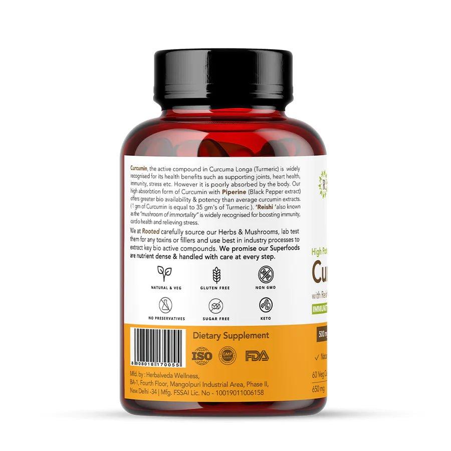 Rooted Actives Turmeric Curcumin (95%) with Reishi Mushroom extract 1300mg, for Immunity, Joints Cardio Health| 60 VEG CapsulesTurmeric Curcumin with Reishi MushroomTurmeric Curcumin with Reishi Mushroom | Easy-To-Consume Veg Capsules