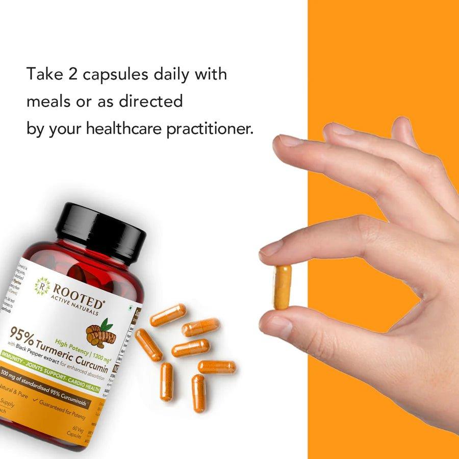 Rooted Actives Turmeric Curcumin (95%) with Reishi Mushroom extract 1300mg, for Immunity, Joints Cardio Health| 60 VEG CapsulesTurmeric Curcumin with Reishi MushroomTurmeric Curcumin with Reishi Mushroom | Easy-To-Consume Veg Capsules