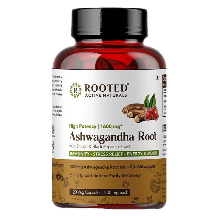 Rooted Ashwagandha Root Capsules (6% withanolides), Pure extract | Supports Stress, Anxiety Relief, Energy & Immunity | 120 Caps, 800 Mg each - CBD Store India