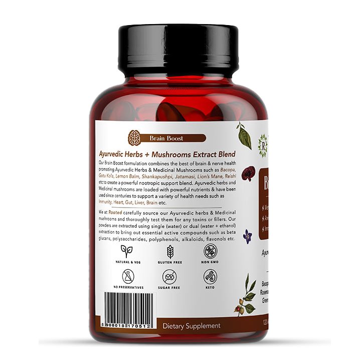 Rooted Brain Boost supplement for Focus, Memory, Brain wellness |60 Veg Caps of 650 mg each Mushrooms +Herbs Extract Blend - CBD Store India