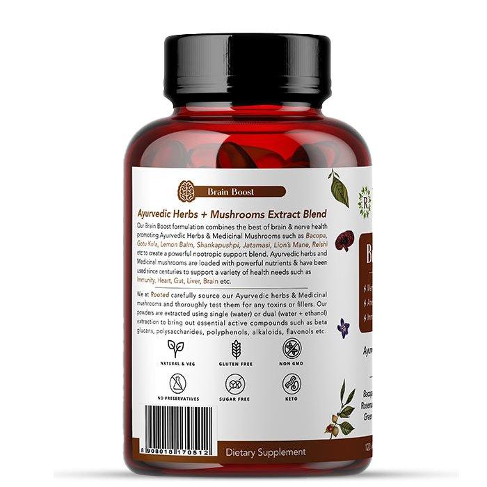 Rooted Actives Brain Boost supplement for Focus, Memory, Brain wellness | 60 Veg Caps of 500 mg each.Brain BoostBrain Boost | Medicinal Mushrooms & Ayurvedic Herbs Blend | CBD Store