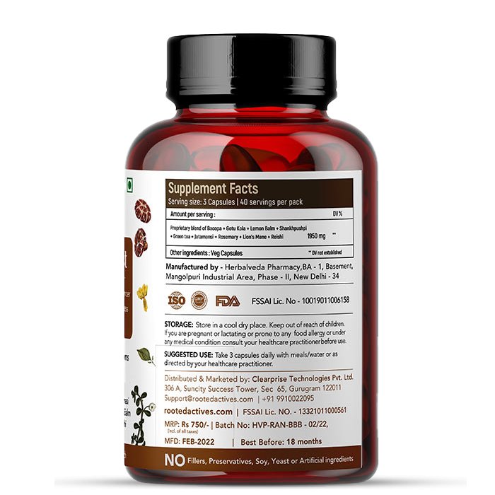 Rooted Brain Boost supplement for Focus, Memory, Brain wellness |60 Veg Caps of 650 mg each Mushrooms +Herbs Extract Blend - CBD Store India