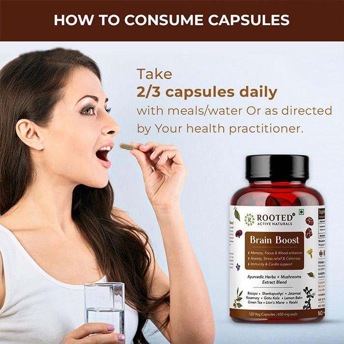 Rooted Actives Brain Boost supplement for Focus, Memory, Brain wellness | 60 Veg Caps of 500 mg each.Brain BoostBrain Boost | Medicinal Mushrooms & Ayurvedic Herbs Blend | CBD Store