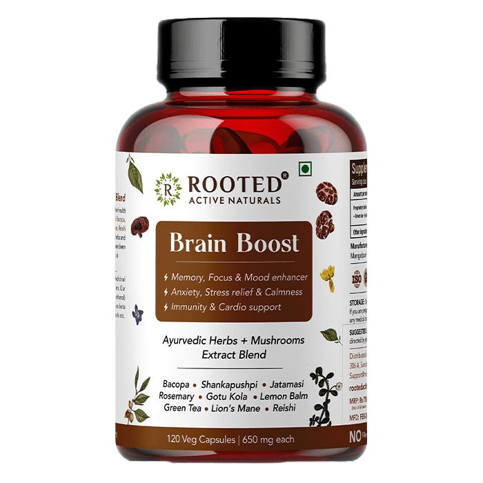 Rooted Brain Boost supplement for Focus, Memory, Brain wellness |60 Veg Caps of 650 mg each Mushrooms +Herbs Extract Blend - CBD Store India