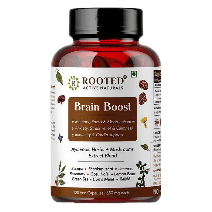 Rooted Actives Brain Boost supplement for Focus, Memory, Brain wellness | 60 Veg Caps of 500 mg each.Brain BoostBrain Boost | Medicinal Mushrooms & Ayurvedic Herbs Blend | CBD Store