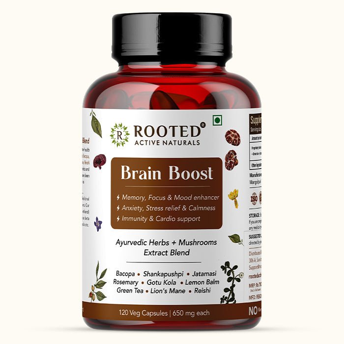 Rooted Brain Boost supplement for Focus, Memory, Brain wellness |60 Veg Caps of 650 mg each Mushrooms +Herbs Extract Blend - CBD Store India