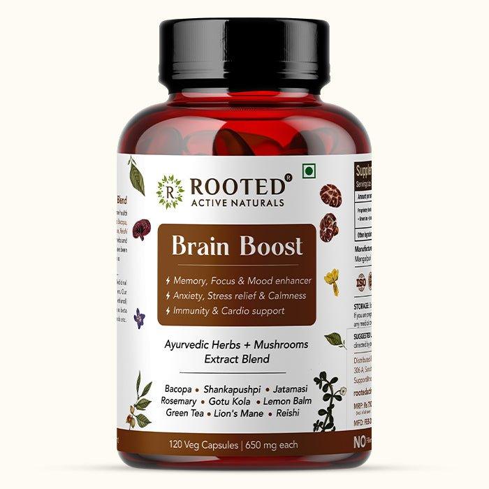 Rooted Actives Brain Boost supplement for Focus, Memory, Brain wellness | 60 Veg Caps of 500 mg each.Brain BoostBrain Boost | Medicinal Mushrooms & Ayurvedic Herbs Blend | CBD Store