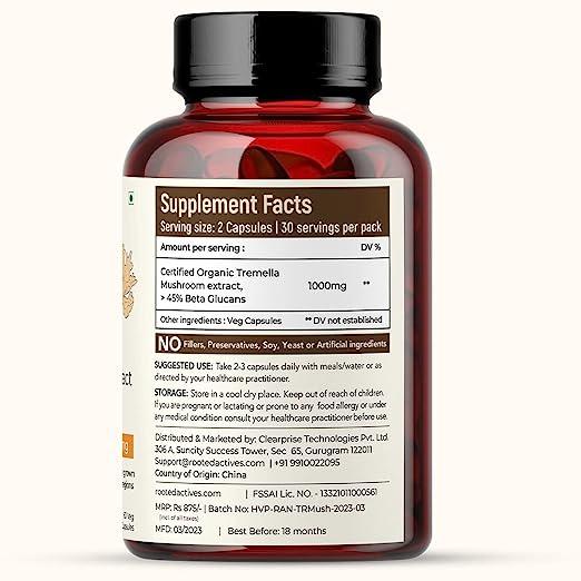 Rooted Actives Tremella Mushroom Extract  (60 Veg caps, 500 mg) | Beauty, Skin Glow, Collagen booster, Hyalyronic acid, HydrationMushroom Extract CapsuleRooted Certified USDA organic Tremella Mushroom Extract Capsules