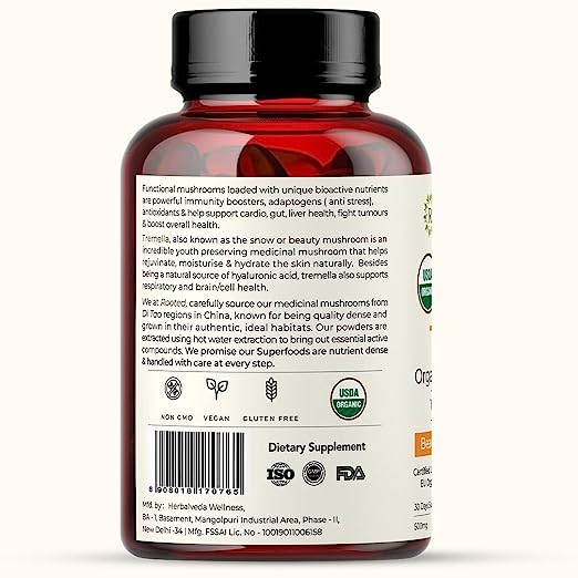Rooted Certified USDA organic Tremella Mushroom Extract Capsules (60 caps, 500 mg) |Beauty, Skin Glow, Collagen booster, Hyalyronic acid, Hydration - CBD Store India