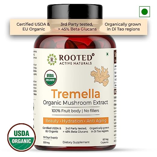 Rooted Certified USDA organic Tremella Mushroom Extract Capsules (60 caps, 500 mg) |Beauty, Skin Glow, Collagen booster, Hyalyronic acid, Hydration - CBD Store India