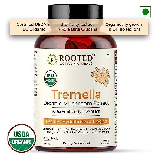 Rooted Actives Tremella Mushroom Extract  (60 Veg caps, 500 mg) | Beauty, Skin Glow, Collagen booster, Hyalyronic acid, HydrationMushroom Extract CapsuleRooted Certified USDA organic Tremella Mushroom Extract Capsules
