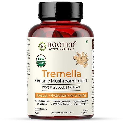 Rooted Actives Tremella Mushroom Extract  (60 Veg caps, 500 mg) | Beauty, Skin Glow, Collagen booster, Hyalyronic acid, Hydration.