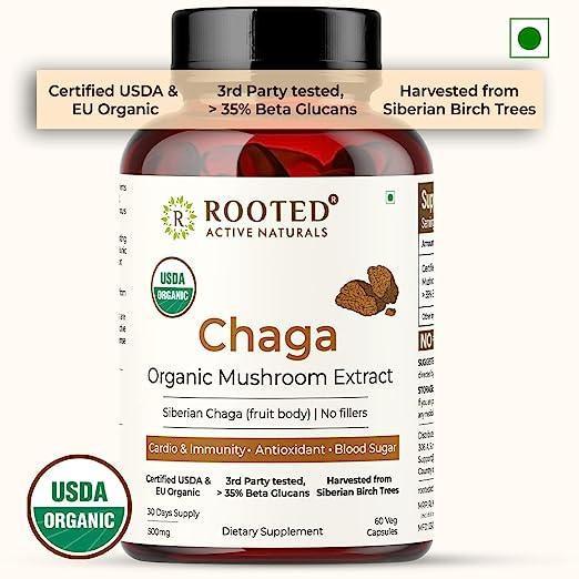 Rooted Actives Siberian Chaga mushroom Extract  (500 mg) |Blood Sugar, Heart & Immunity..