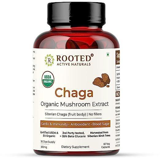 Rooted Actives Siberian Chaga mushroom Extract  (500 mg) |Blood Sugar, Heart & Immunity..