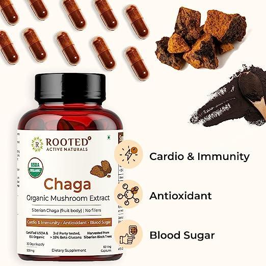 Rooted Actives Siberian Chaga mushroom Extract  (500 mg) |Blood Sugar, Heart & Immunity.Mushroom Extract CapsuleChaga mushroom Extract Capsules | For Blood Sugar, Heart & Immunity